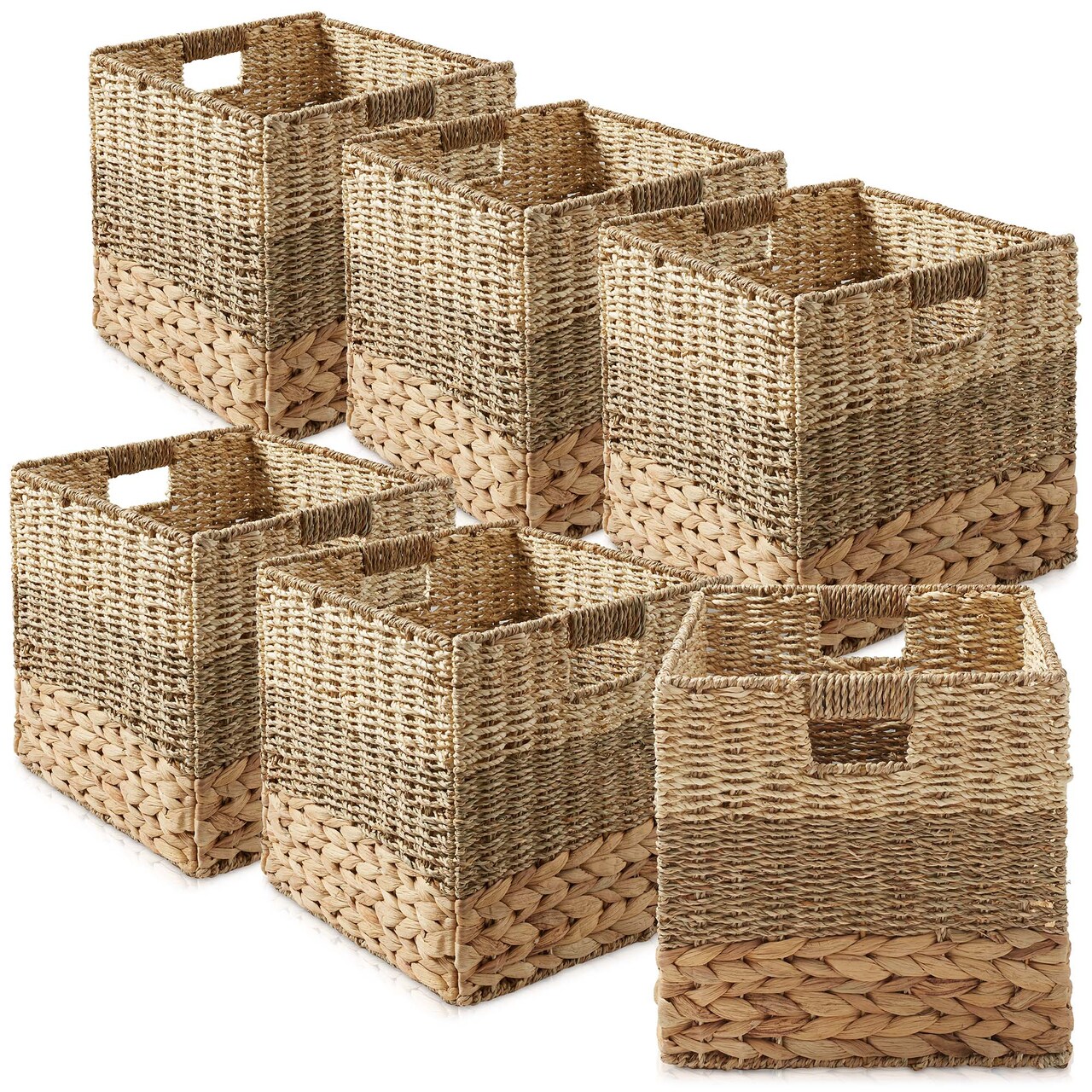 Casafield 13" x 13" Water Hyacinth Storage Baskets Collapsible Cube Organizers, Woven Bins for Bathroom, Bedroom, Laundry, Pantry, Shelves